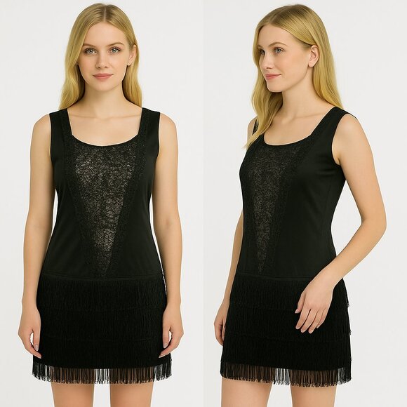 Flapper Dress Size Medium Black Sequin Fringe Gatsby 20s Halloween Cosplay Party - Picture 1 of 10